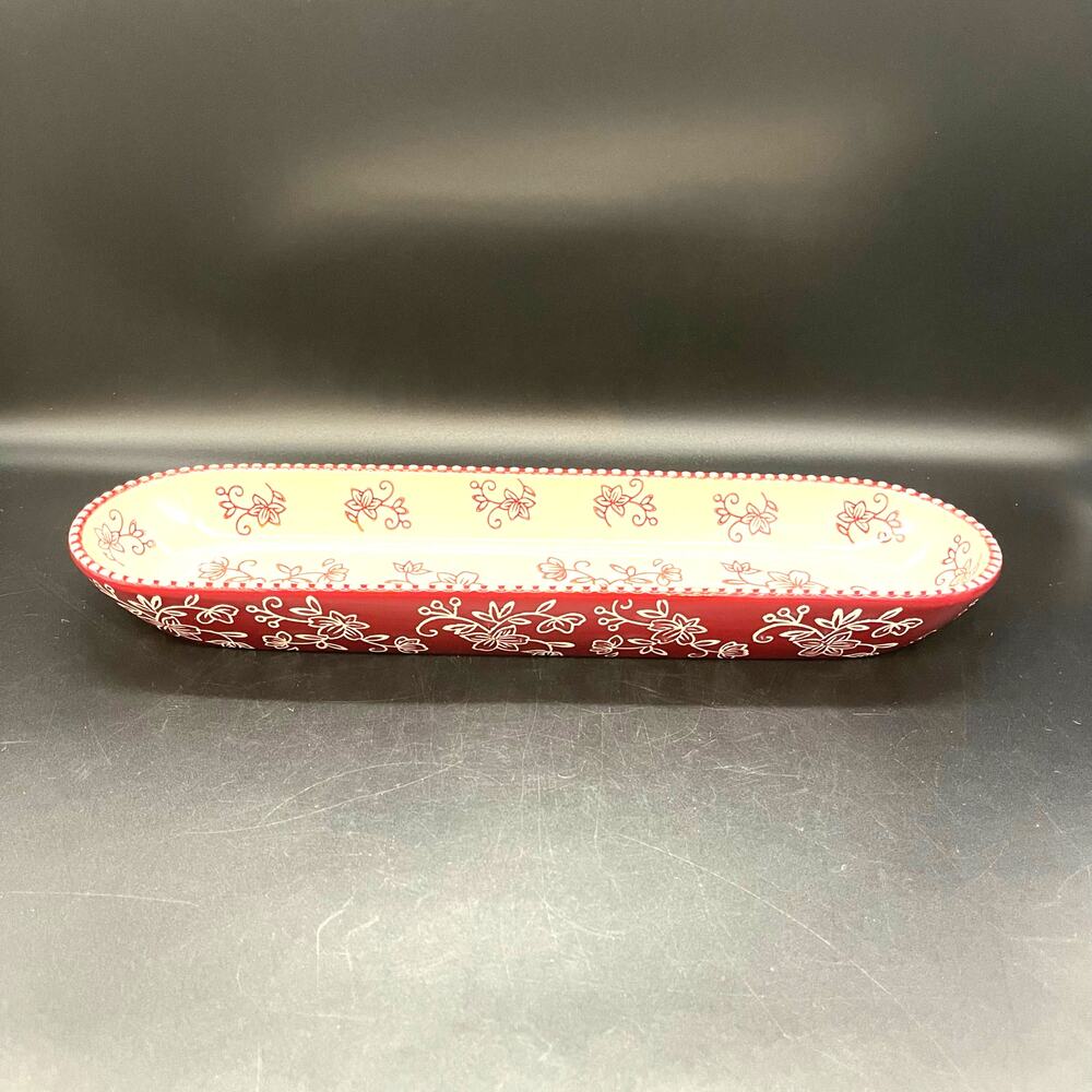 Temptations Red & White Floral Lace Embossed Oblong Oval 14" Serving / Bake Pan